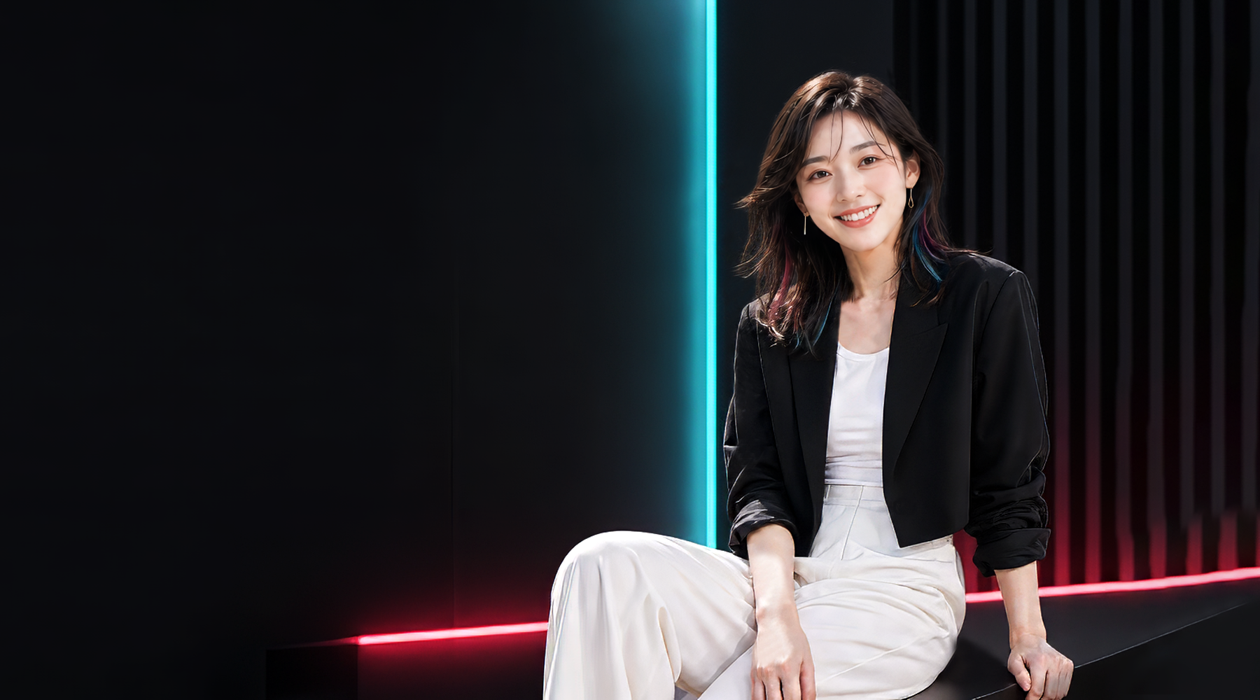 TikTokをイメージしたスタジオでUniTrusのパートナー制度を紹介する女性モデル